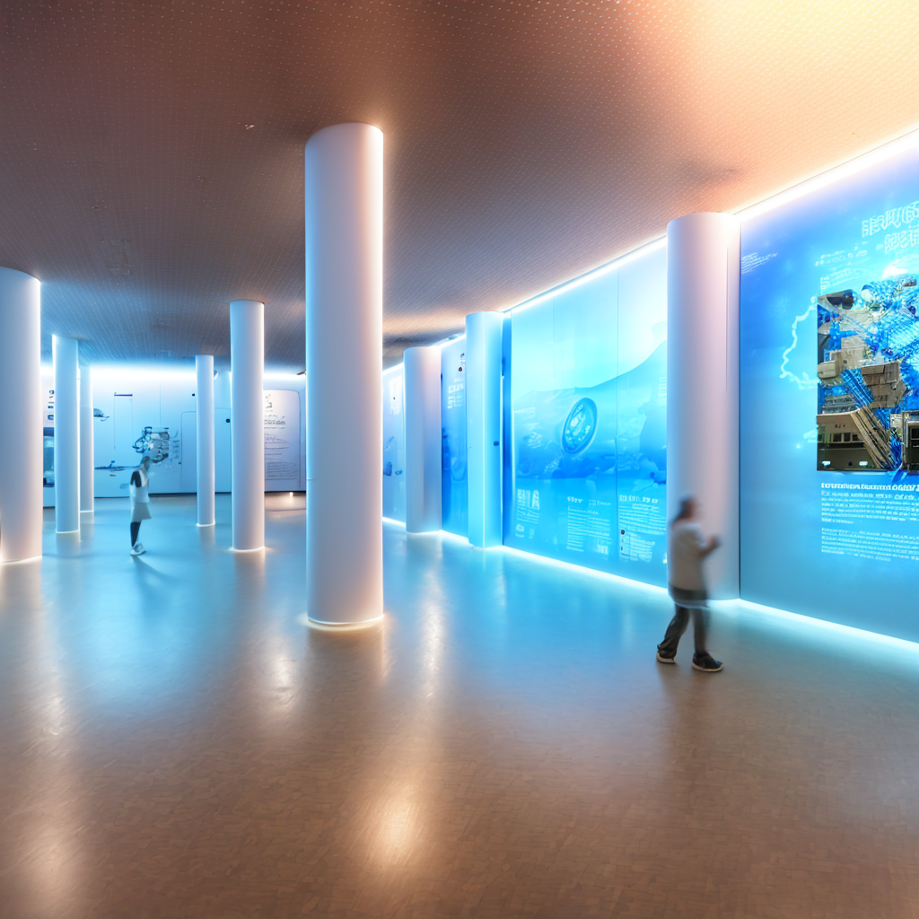 01335-1532956505-A minimalist science and technology museum, an exhibition hall, with a huge screen hanging on the wall, emitting blue light, a m.png